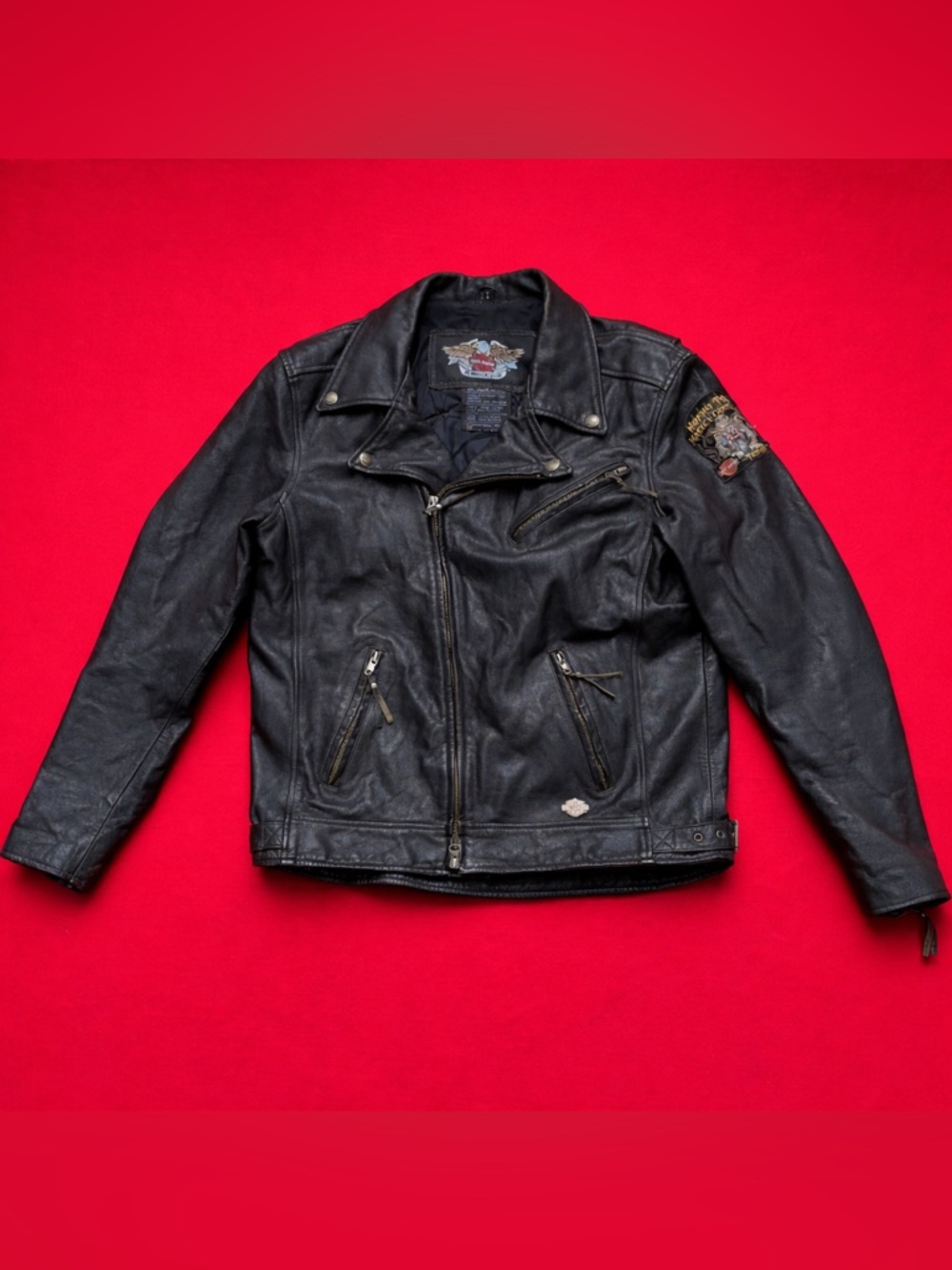 Harley Davidson Leather Biker Jacket L Tall Black Horny Toad Patch